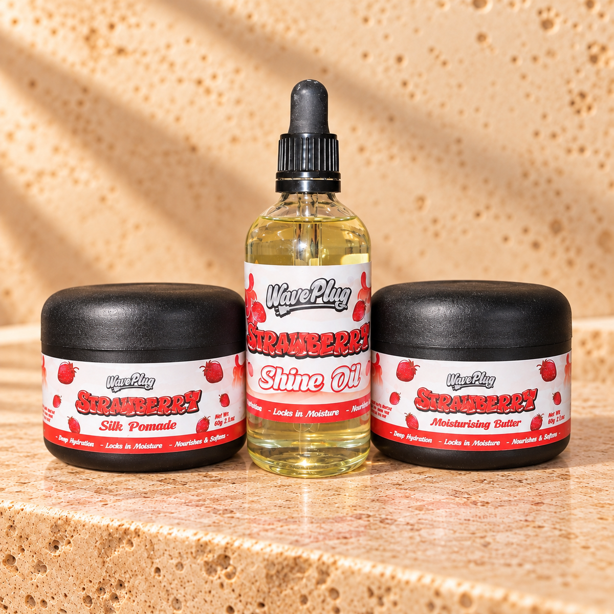 WavePlug Strawberry Triple Threat: Silk Pomade, Shine Oil and Moisturising Butter