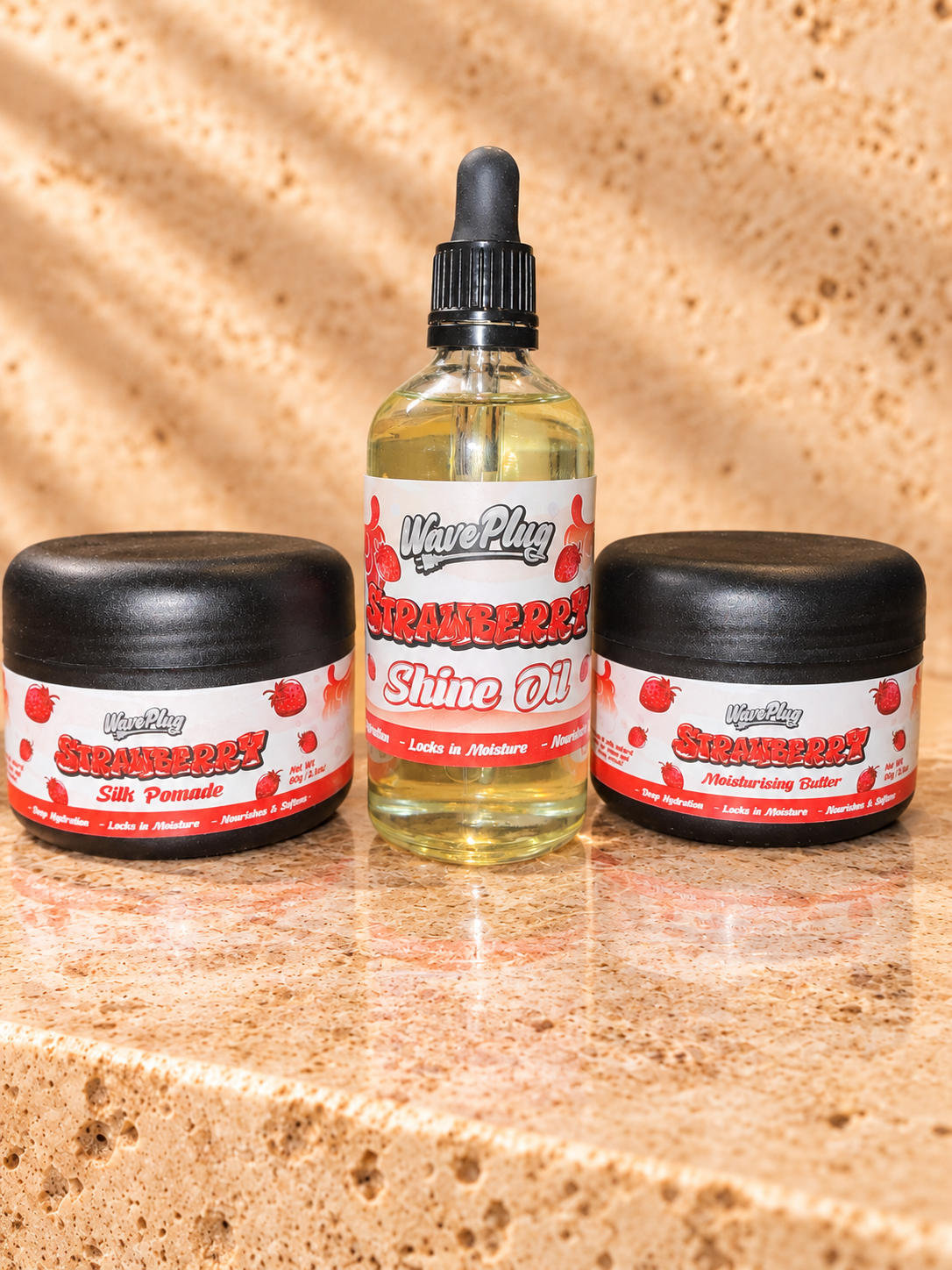 WavePlug Strawberry Triple Threat: Silk Pomade, Shine Oil and Moisturising Butter